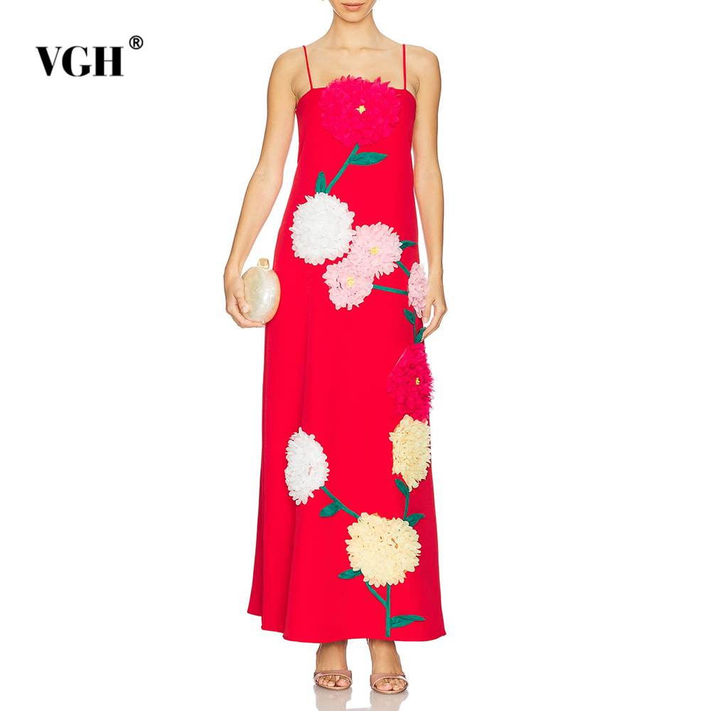 VGH Vintage minceur épissé Appliques longues robes pour femmes Camisole sans manches taille haute tempérament robe femme mode