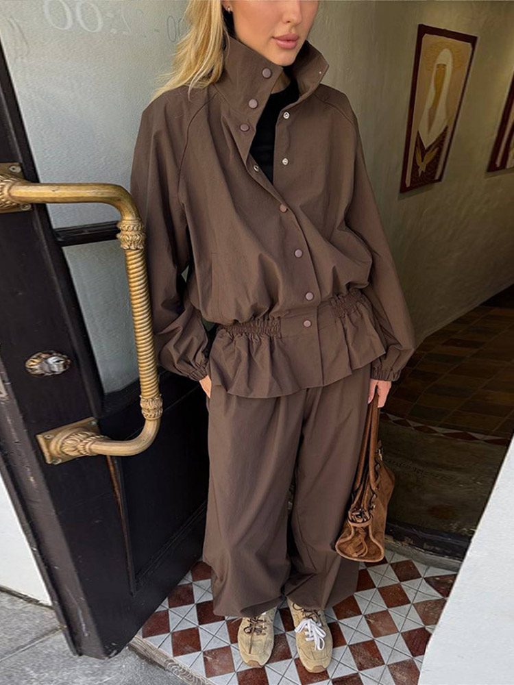 Ensemble pantalon et veste coupe-vent pour femme, survêtement deux pièces, haut court à col montant, pantalon large, style streetwear, collection printemps