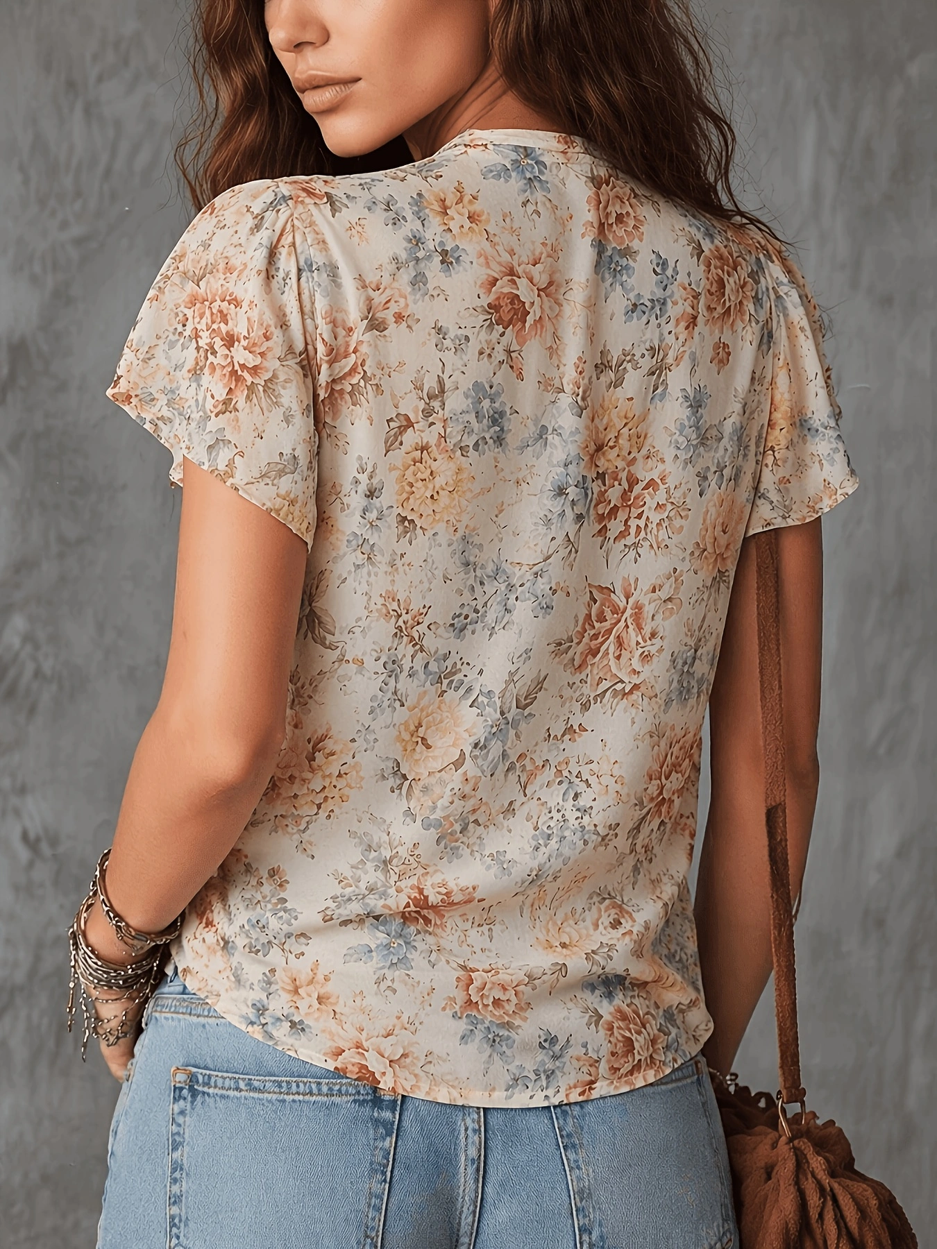 Chemisier Bohème Vintage à Imprimé Floral pour Femme, Col en V, Manches Courtes Volantes, Boutons sur le Devant, Plissé, en Chiffon Décontracté