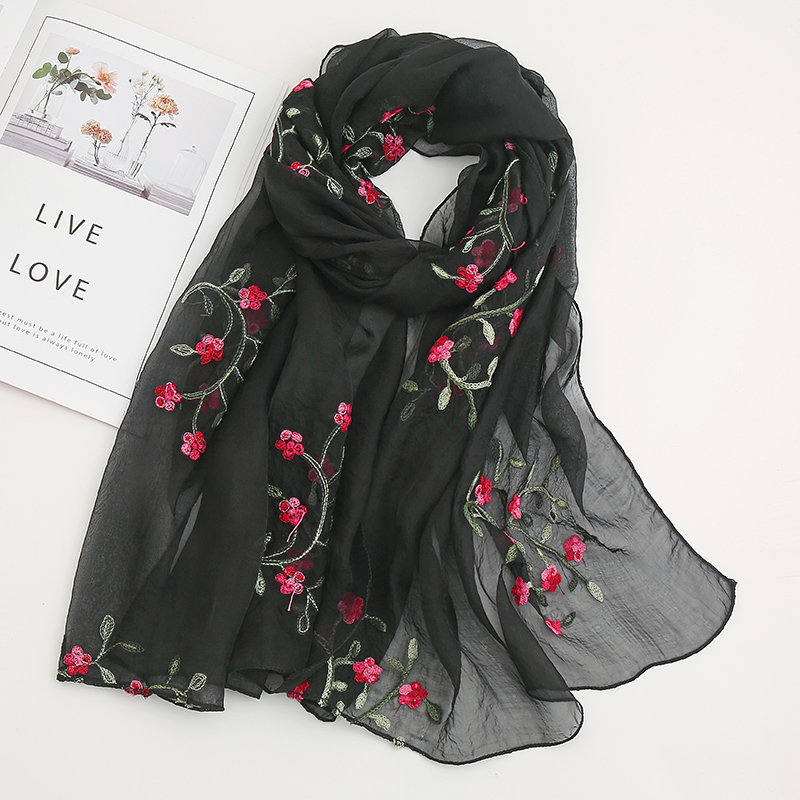 Châle en mousseline de soie brodé de fleurs pour femmes musulmanes, foulard Hijab, bandeau enveloppant doux, protection solaire fine d'été, 170x65cm