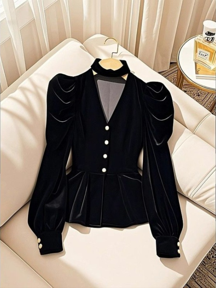 Chemise à manches longues en velours noir pour femmes Y2k taille mince col en v Blusas Mujer 2026 début du printemps nouveaux chemisiers à simple boutonnage