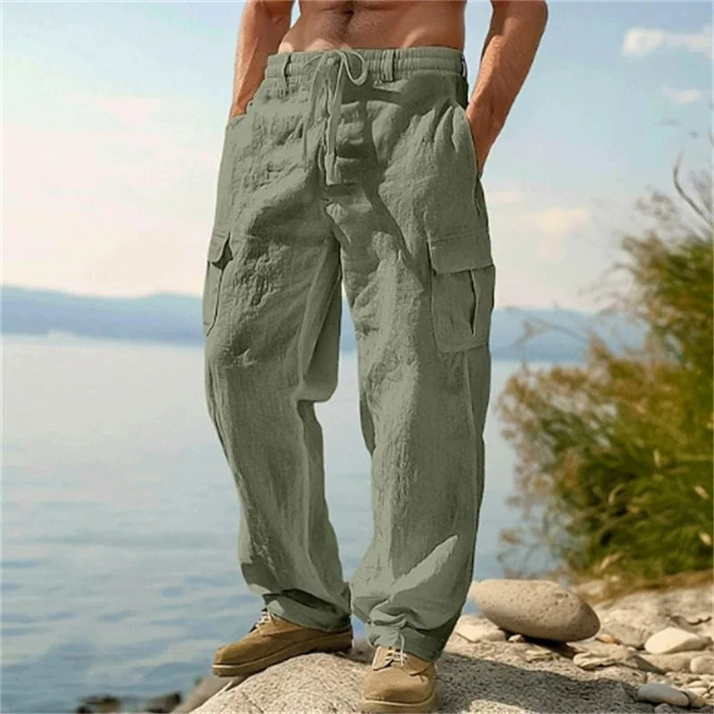 Pantalon décontracté pour homme, pantalon cargo ample et confortable, pantalon homme en coton et lin, pantalon droit multi-poches, pantalon fin de plage pour homme