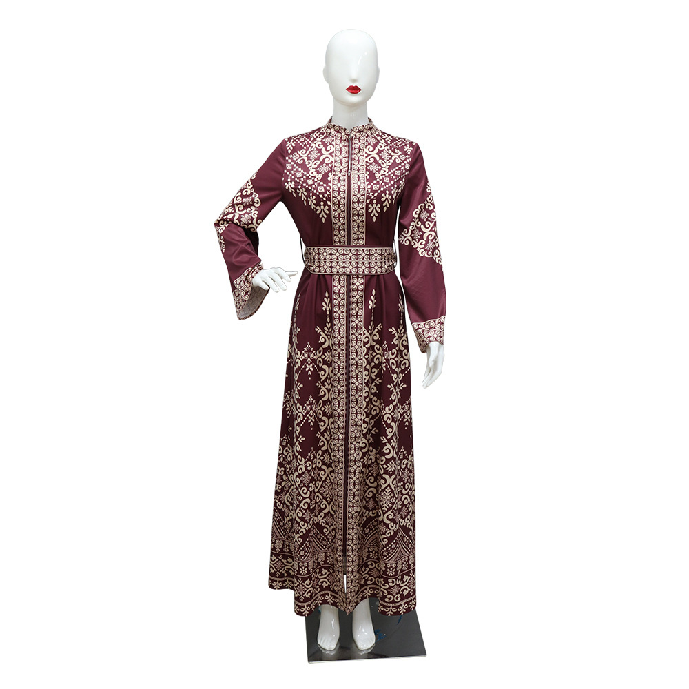 Robes zippées imprimées à la mode de nouveau style à Dubaï, Arabie Saoudite. Robes de style ethnique moyen-orient pour femmes avec ceintures.