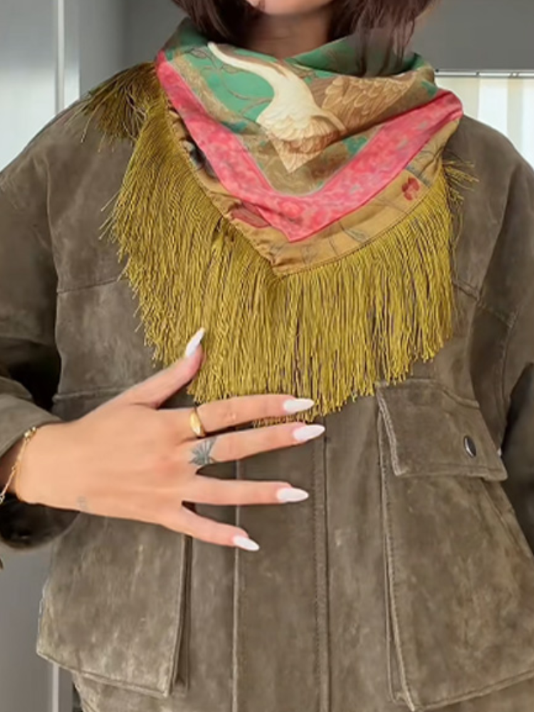 Nouvelles écharpes carrées imprimées grue orientale, patchwork à franges, châles de luxe à pampilles pour femmes, pour mariage, soirée, bohème, plage, vacances