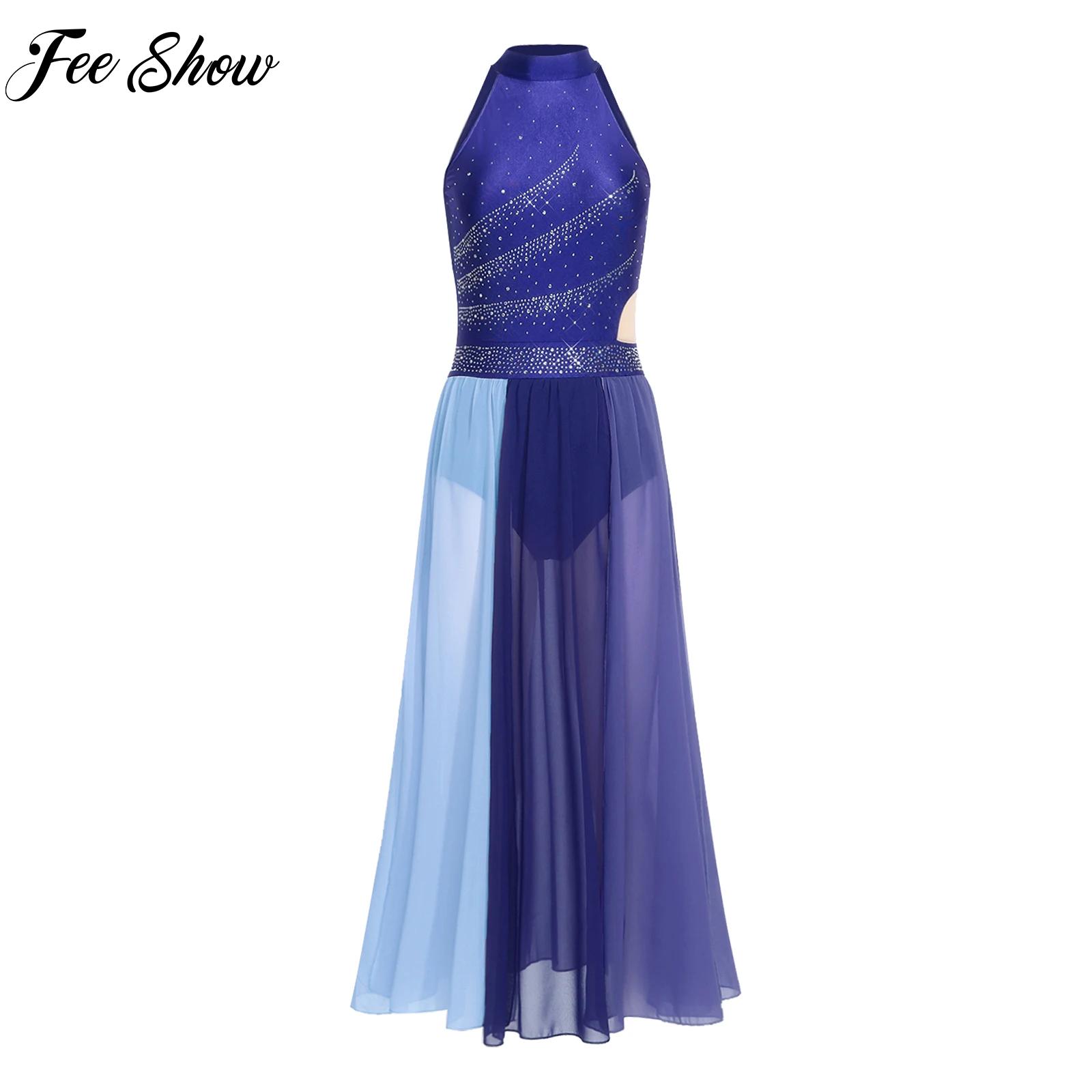 Robe de danse lyrique pour femmes, tenue de scène de danse moderne, costume de fête, sans manches, strass, maille, fente sur le bas, justaucorps, vêtements de danse