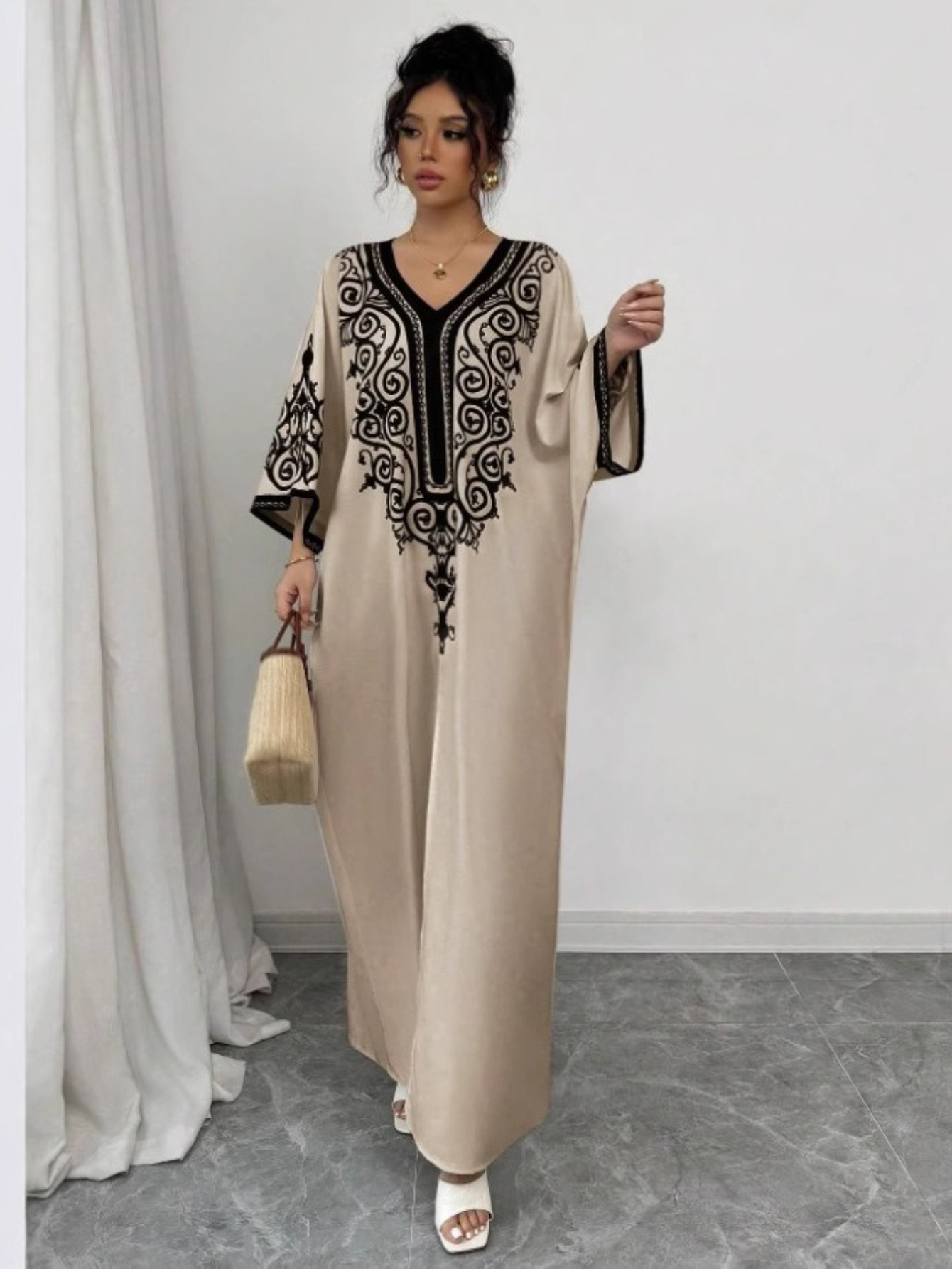 Eid femmes Robe musulmane Abaya col en V Robe ample fête Jalabiya Ramadan robes longues robes Largos caftan arabe marocain caftan