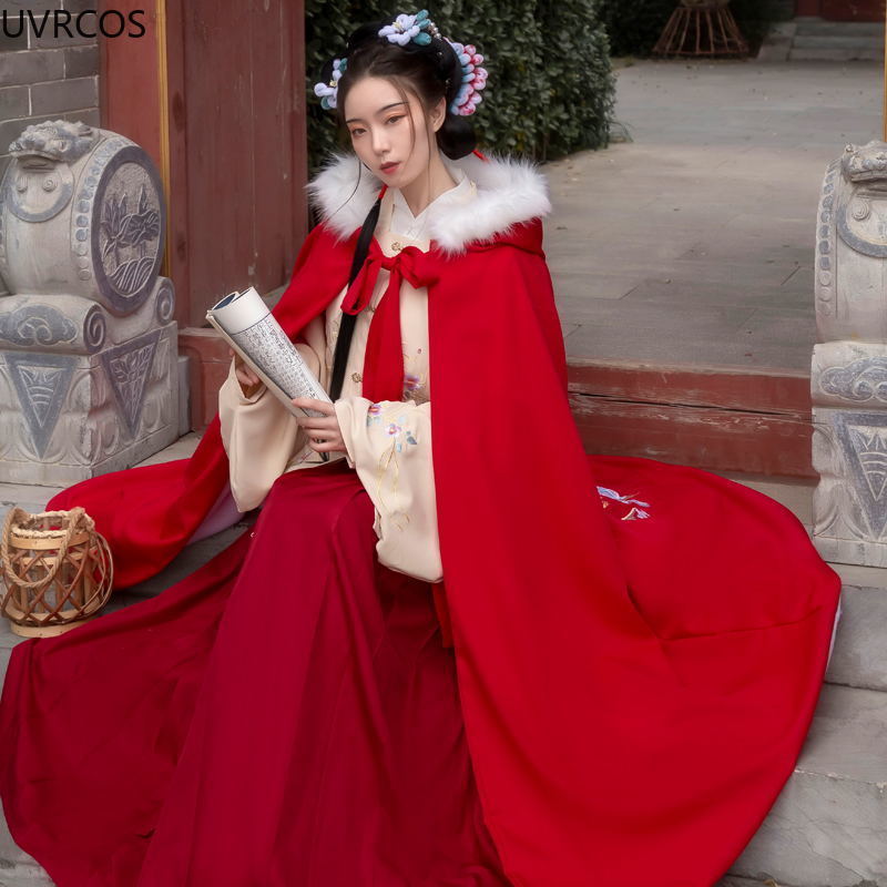 Cape Hanfu noire ancienne orientale pour femmes, Costume de princesse de Style chinois, manteau chaud à capuche brodé pour automne et hiver