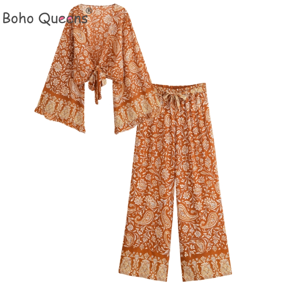 Boho Queens – tenue marron à imprimé Floral pour femmes, Kimono, tenues bohème, pantalon à jambes larges, ensemble 2 pièces en rayonne, style Boho, maillot de bain