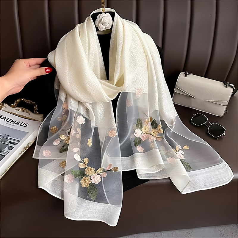 Écharpe en laine brodée florale pour femme, Hijab féminin, Foulard, Pashmina fin, Châles, Wraps, Bufanda, Écharpe de sauna, Étoles, Printemps, Été