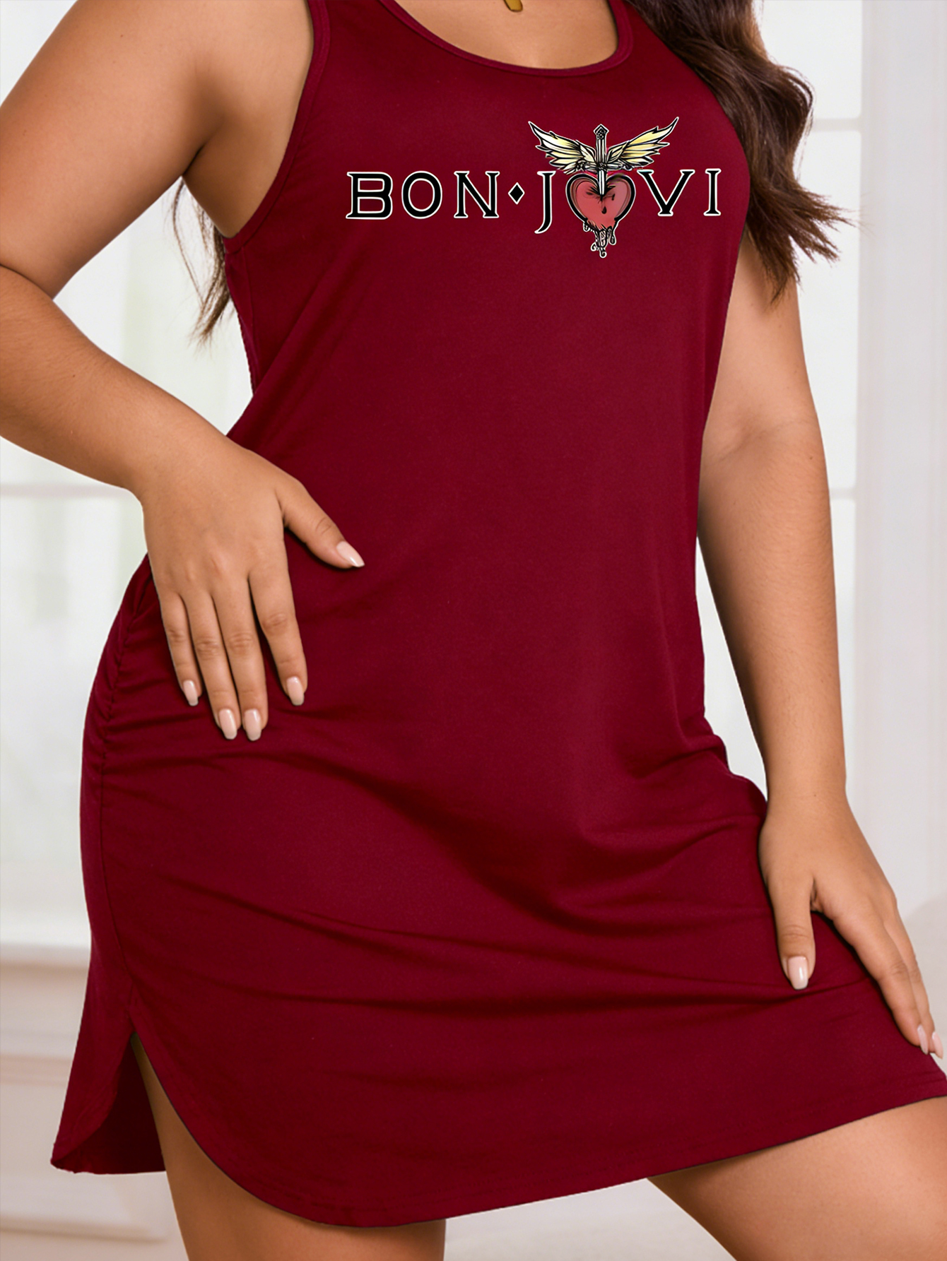 Robe sans manches grande taille pour femme - Robe d'été décontractée à imprimé lettres rock, légère et lavable en machine.