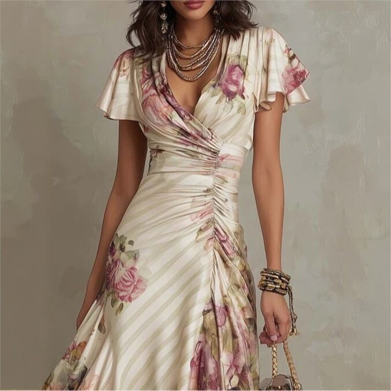 Robe longue élégante à imprimé floral style bohème pour femme, col en V, taille haute, robe de soirée, robe maxi à manches courtes avec fermeture éclair, robe d'été, Vestido