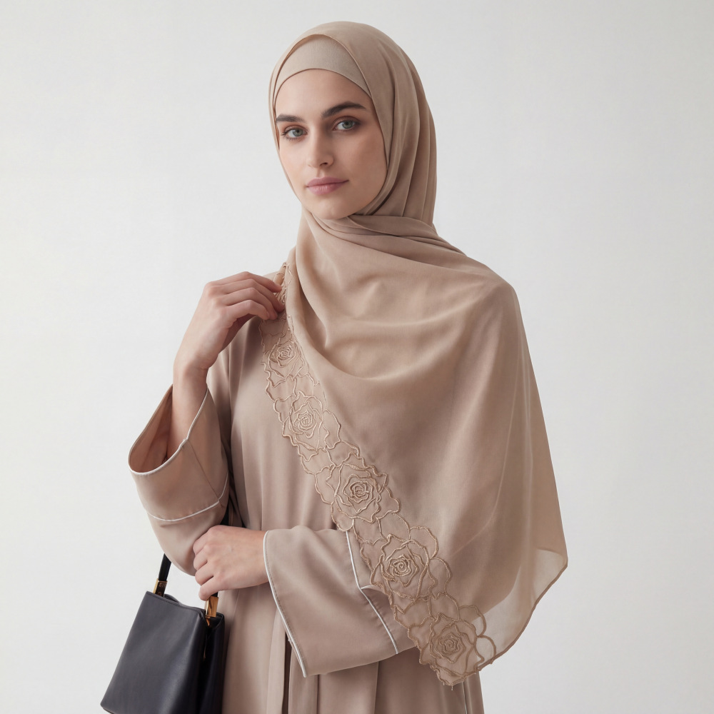 Nouveau Hijab en Chiffon Brodé de Roses Florales 2026, 70×180cm, pour Femmes Musulmanes, Foulard Islamique de Luxe Africain, Ramadan Aïd