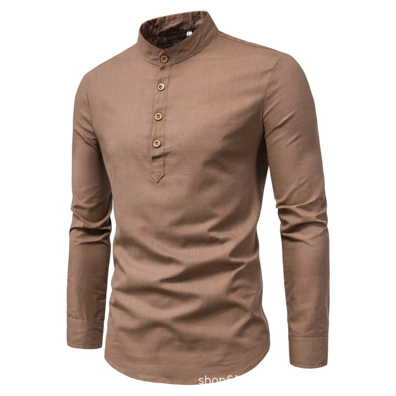 Chemisier hommes été décontracté classique couleur unie décontracté mince col montant bouton chemise à manches longues vêtements pour hommes