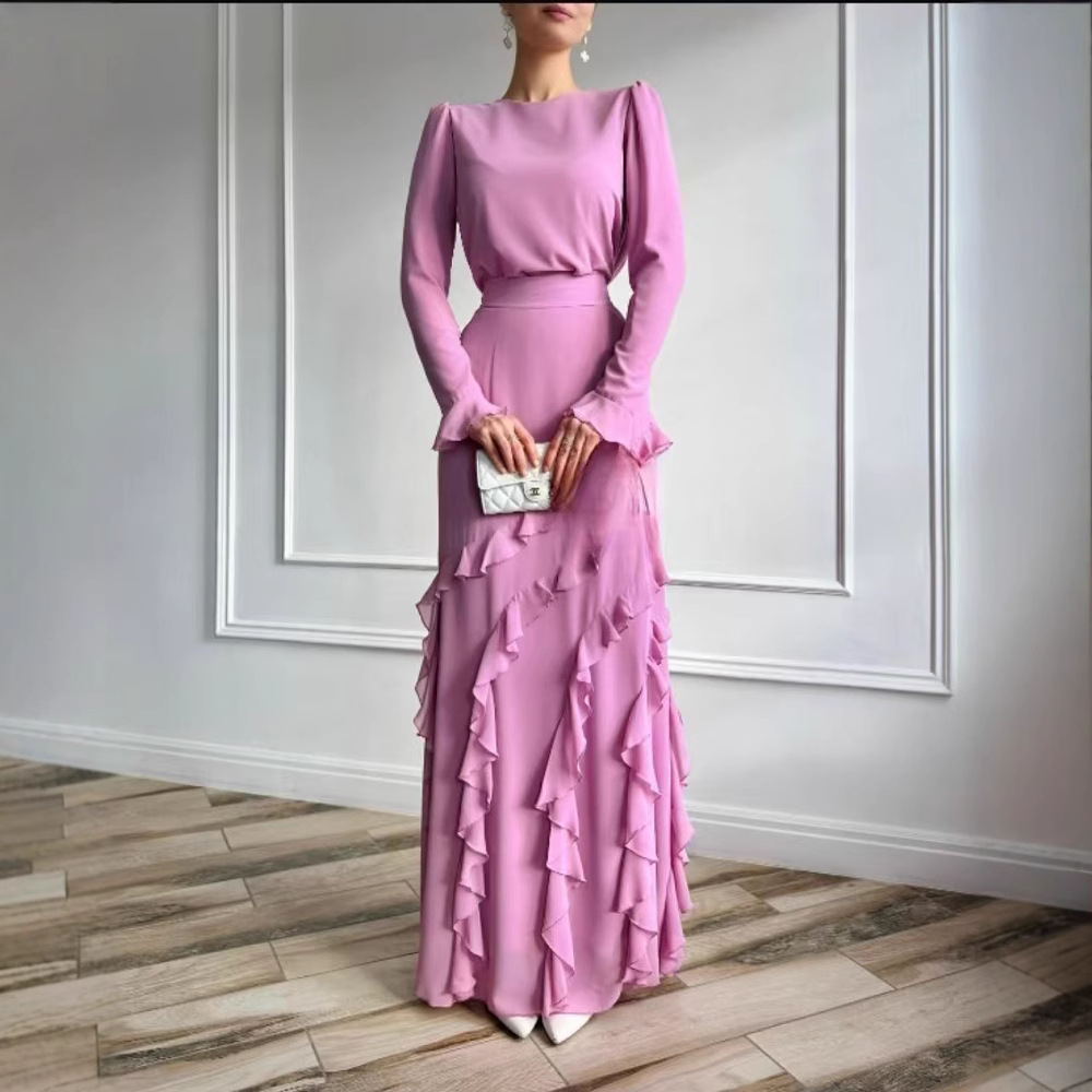 Musulman 2 pièces Ensemble femmes fête jupe haut costume volants Ramadan marocain dubaï Islam Ensemble Femme 2025 arabe longues jupes tenues
