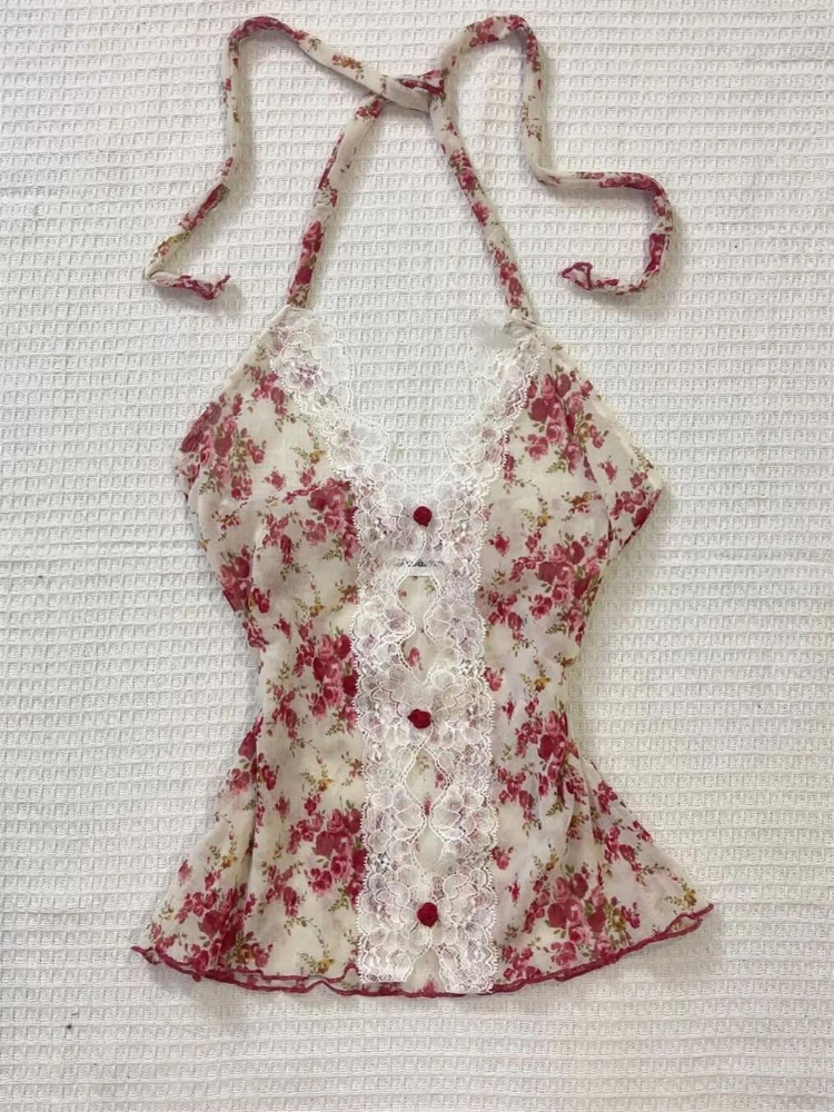 2025 été femme Floral licou dentelle Blouse 2025 Vintage Sexy Slim Fit fée mode coréenne femme hauts tenues Style élégant