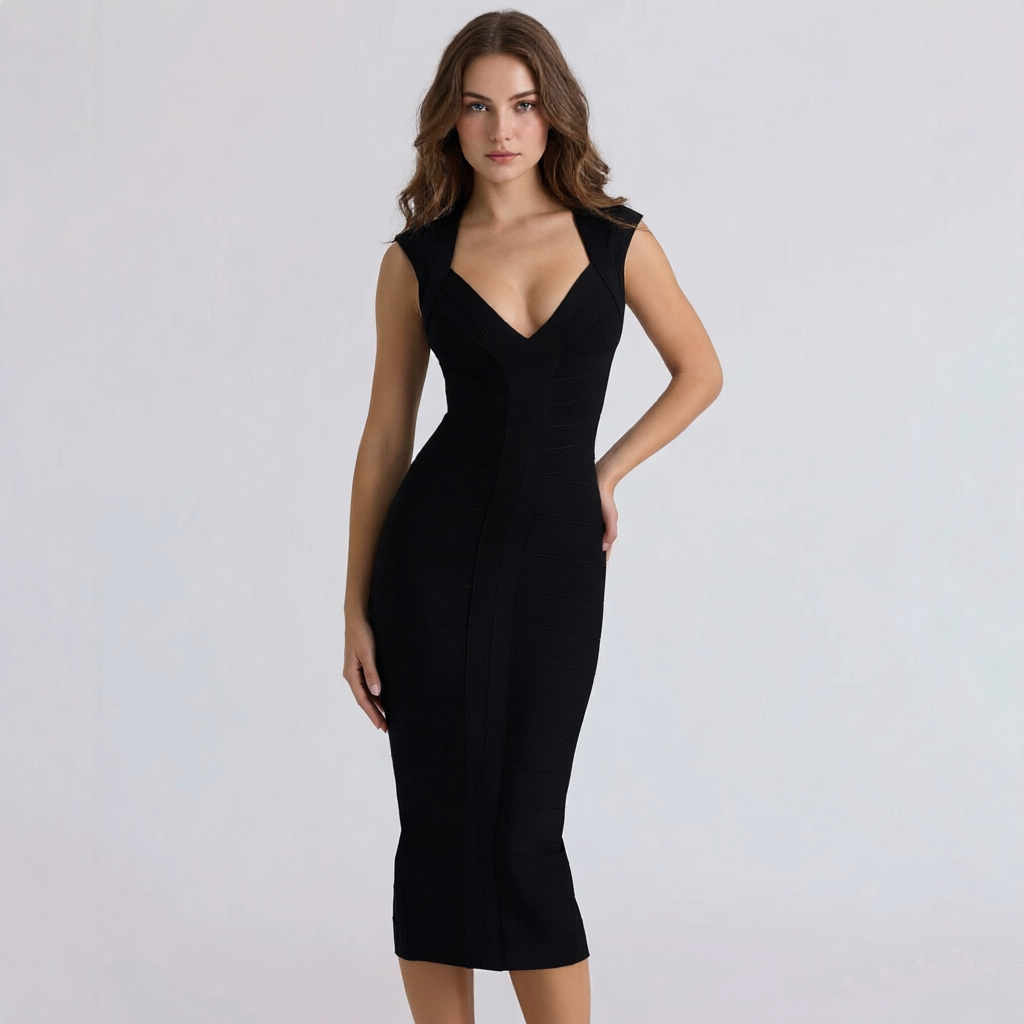 BEAUKEY Robe longue de soirée sexy de luxe pour femme, décolleté plongeant en V, style bandage, rayée, moulante, tricotée élastique, pour célébrités