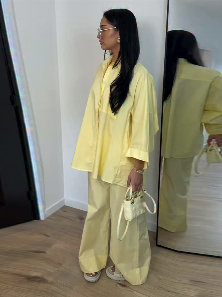 Ensemble décontracté chemise et pantalon pour femme, col rabattu simple boutonnage, haut et pantalon taille haute à jambes larges, nouvelle collection été 2026