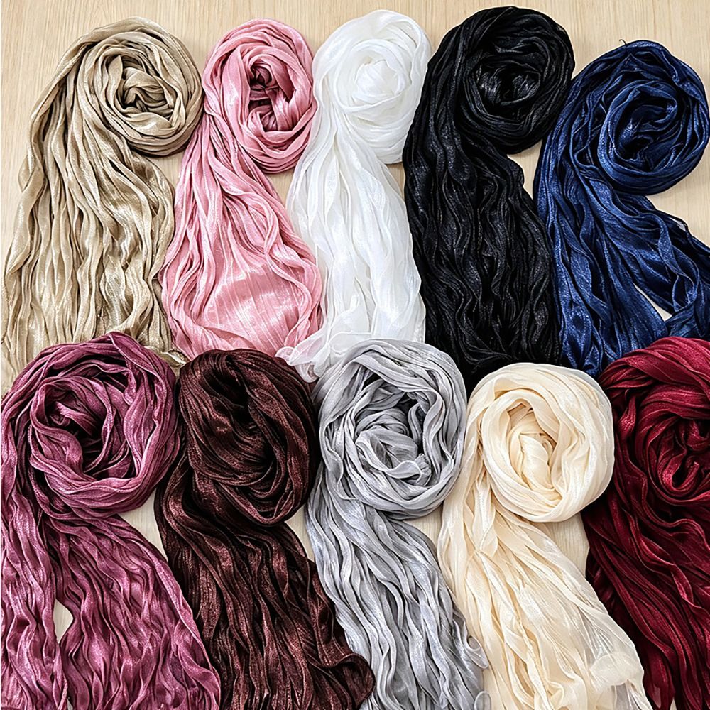 Écharpe longue en soie unie, perlée et brillante, protection solaire, bord festonné doux, pour le Ramadan et l'extérieur