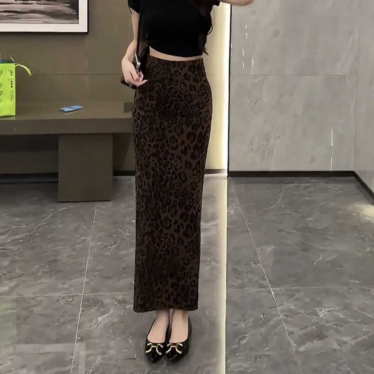 Jupe imprimée léopard pour femmes, Sexy et élégante, fente aux hanches, mi-longue, Style rétro, jupe extensible à la mode, automne hiver