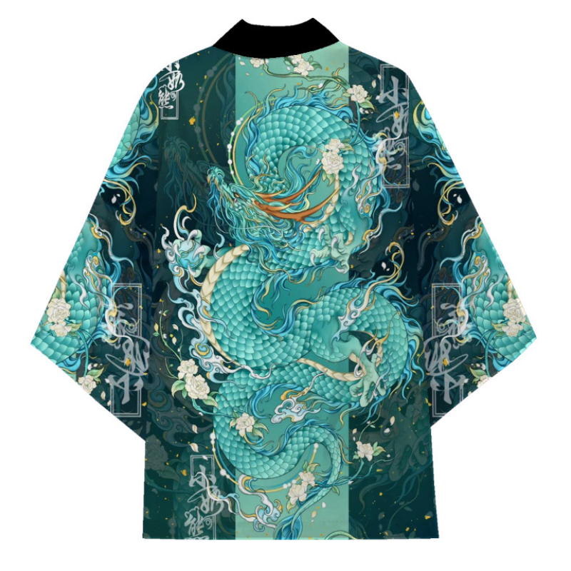 Kimono traditionnel japonais pour hommes et femmes, motif de dragon d'anime, vert, ample, chemise à manches trois-quarts