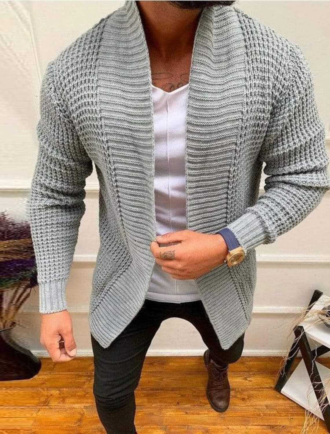 Nouveaux vêtements pour hommes mode décontracté à manches longues revers tricoté pull hommes vêtements d'extérieur