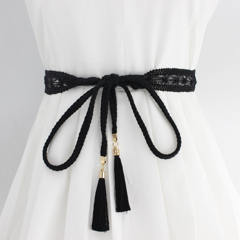 Corde de taille nouée pour femmes, ceinture en dentelle à franges tressées coréennes pour robes, cordon décoratif bohème avec glands, 2024