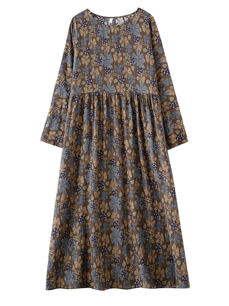 Robe longue à manches longues en coton imprimé floral vintage pour femme, collection Printemps-Automne 2026, style décontracté et ample, vêtements de mode
