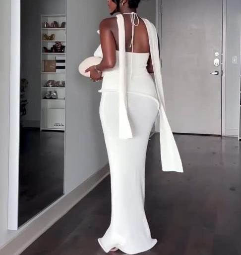 Robes pour femmes Printemps 2026 Nouvelle collection – Robe longue moulante élégante à col suspendu, couleur unie, dos nu, coupe ajustée, style sexy et raffiné
