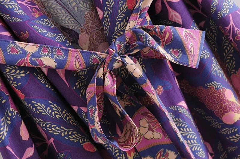 Kimono Vintage Chic pour femmes, imprimé Floral, ceinture, bohème, col en V, manches chauve-souris, rayonne, Maxi Robe, Cover-up