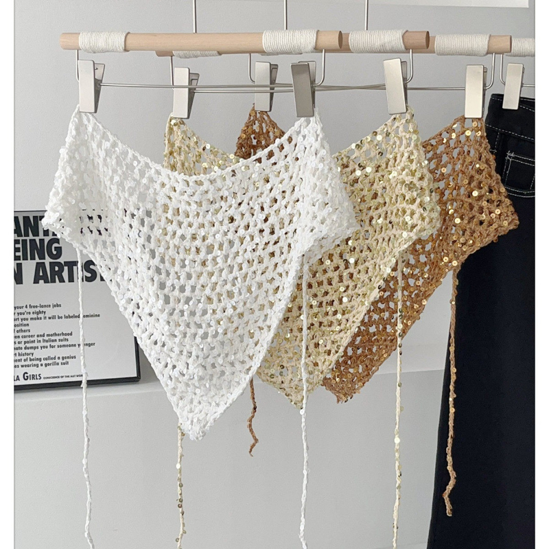 Foulard de tête en maille à sequins au crochet pour femme, style bohème, tricot ajouré, turban à nouer, chapeau, couvre-cheveux vintage, bandeau pour plage, festival, fête