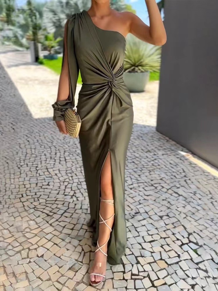 Robe élégante et Sexy à épaules dénudées pour femmes, mode col diagonale, sans manches, paquet de robes de hanche, Robe de soirée formelle