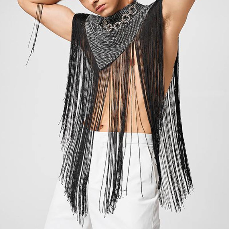 Gilets en Y à col roulé à pampilles pour hommes, irrégulière, précieuse, patchwork, fibre, streetwear, décontracté, sexy, ponchos Everak, mode masculine, nouveau, 2025