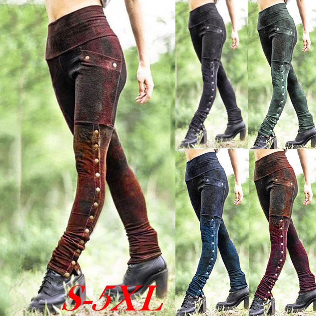 Pantalon Steampunk pour femmes, coupe cintrée, Rivets, Patchwork, bouton latéral extensible, pantalon crayon taille haute pour femmes