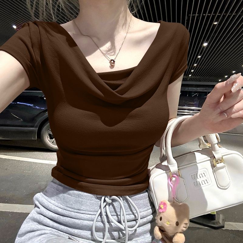 T-shirts plissés unis à manches courtes pour femmes, style coréen, élégants et polyvalents, pour l'été