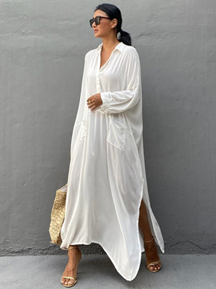 Robe de plage maxi blanche avec poches, cover-up pour les maillots de bain, kaftan, kimono, tunique d'été élégante