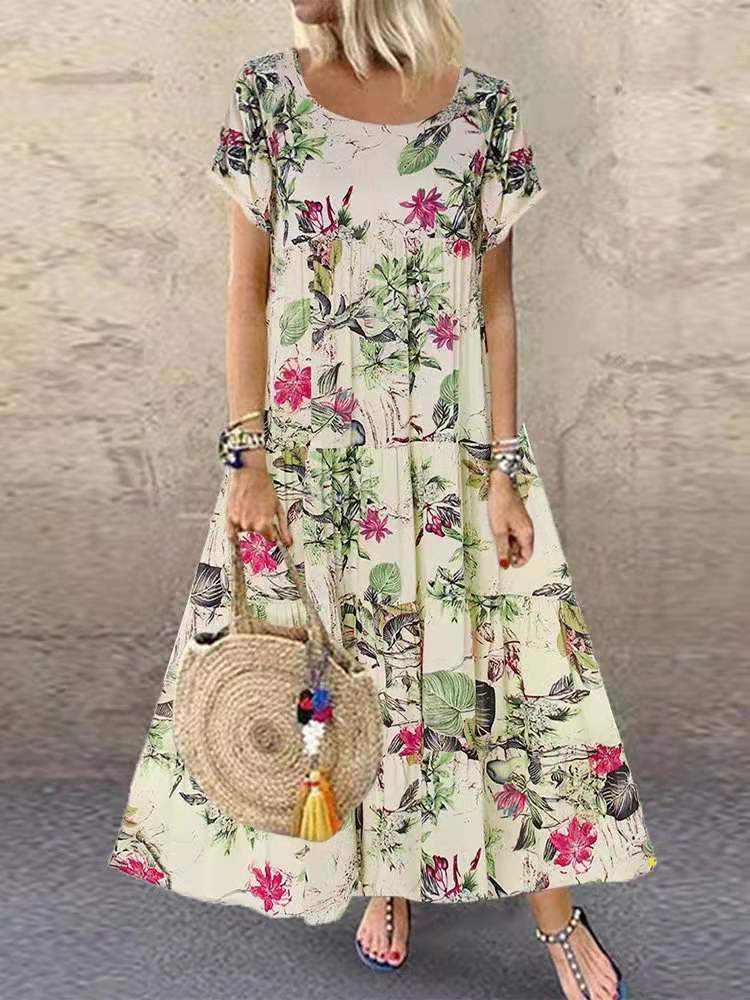 Robe d'été pour femmes à manches courtes, imprimé floral, bohème, élégante, décontractée, ample, longue, pour les vacances