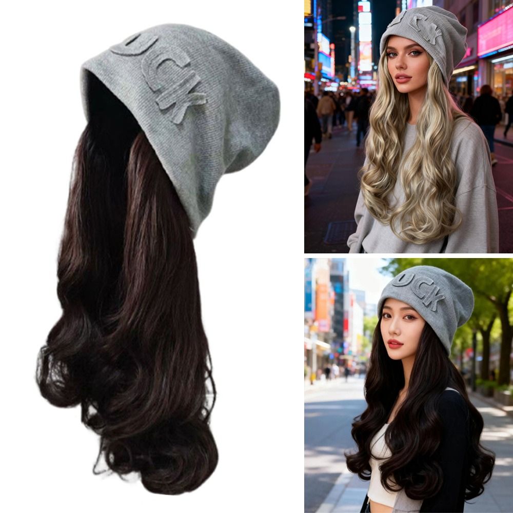 Automne hiver cheveux longs ondulés bonnet chapeau avec perruque attaché perruque décontractée bonnet tricoté perruque de cheveux chauds chapeaux d'hiver femmes