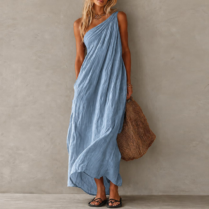 Robe longue drapée asymétrique pour femme, style bohème uni, sans manches, coupe ample, ligne A, élégante, pour la plage et les vacances