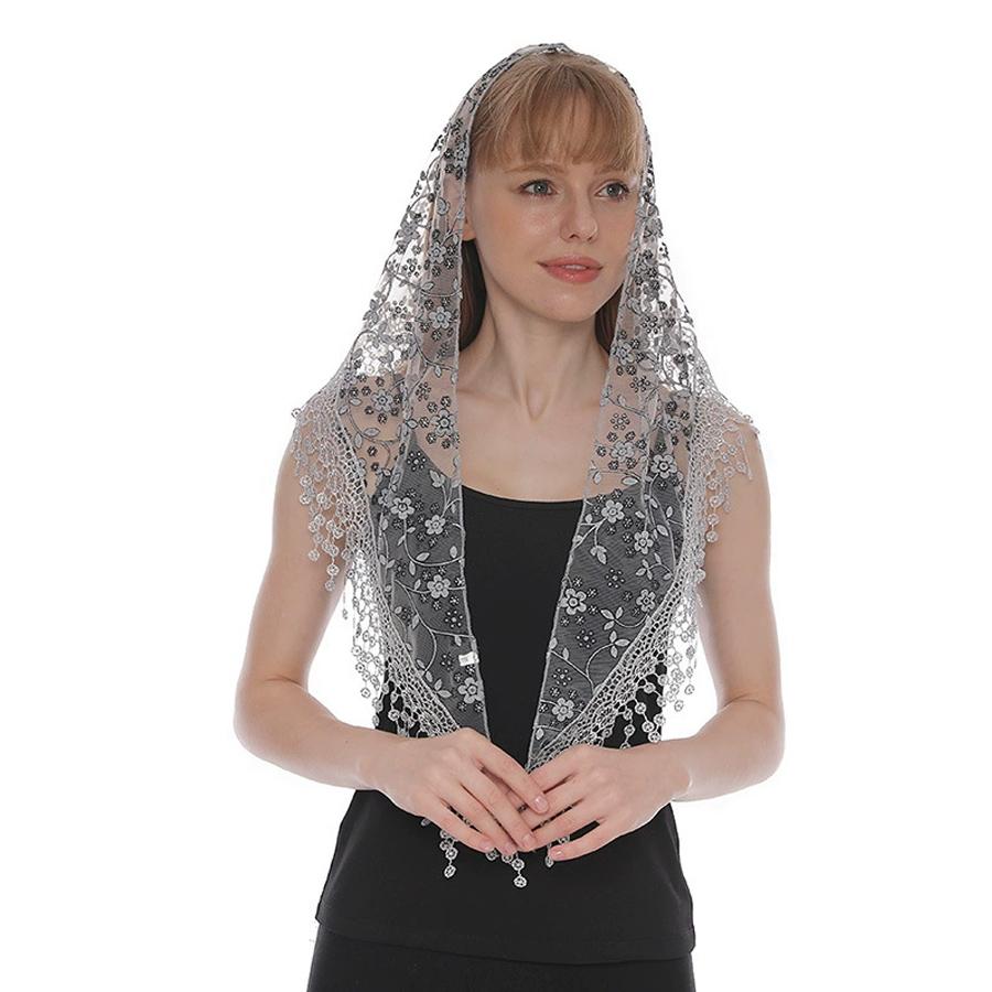 Voile triangulaire à franges pour femme, brodé de dentelle florale, châle de prière pour l'église, mantille, voile de chapelle