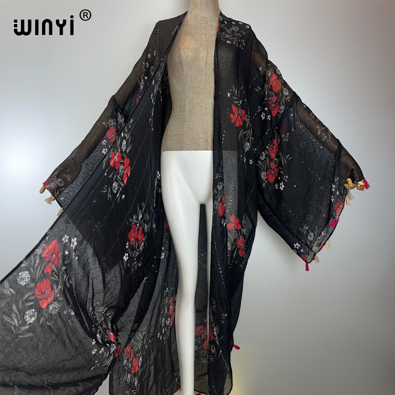 WINYI Kimono Bohème Kaftan Vêtement de Plage Cardigan Robe de Soirée Abaya Dubaï Tenues de Plage Luxe pour Femmes Cardigan à Paillettes