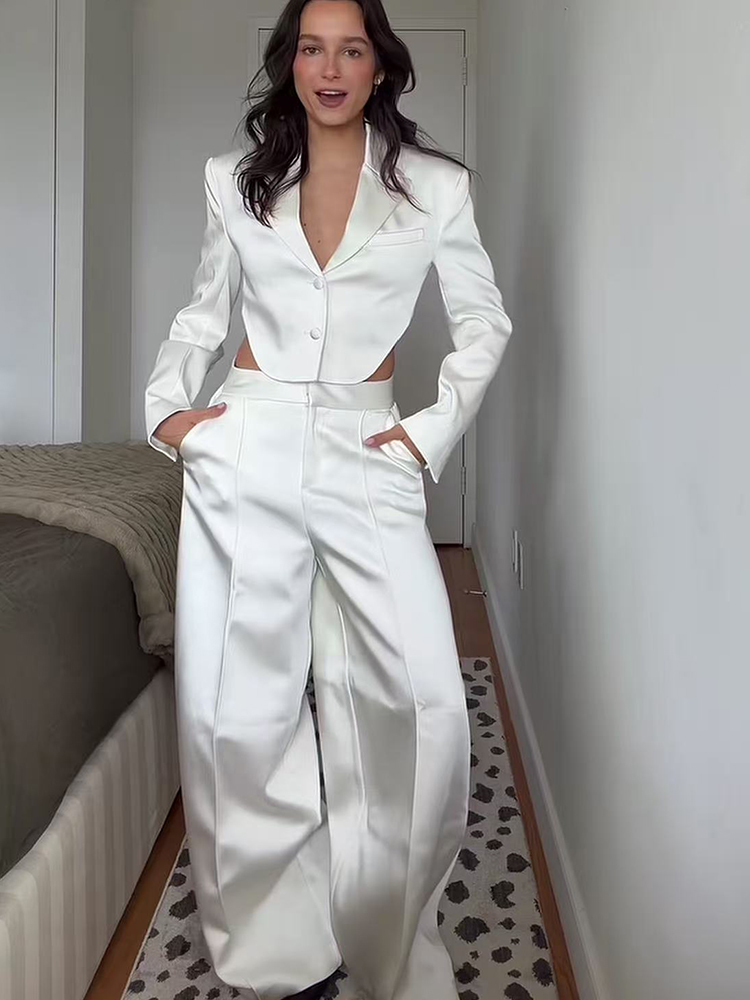Ensemble tailleur décontracté TFMLN pour femme : Blazer court en satin à revers et dos nu, pantalon large coupe ballon – Nouvelle collection 2026