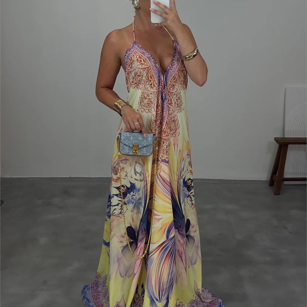 Robe longue décontractée et élégante, style bohème, imprimé, col halter, dos nu, col en V, sans manches, taille mi-haute