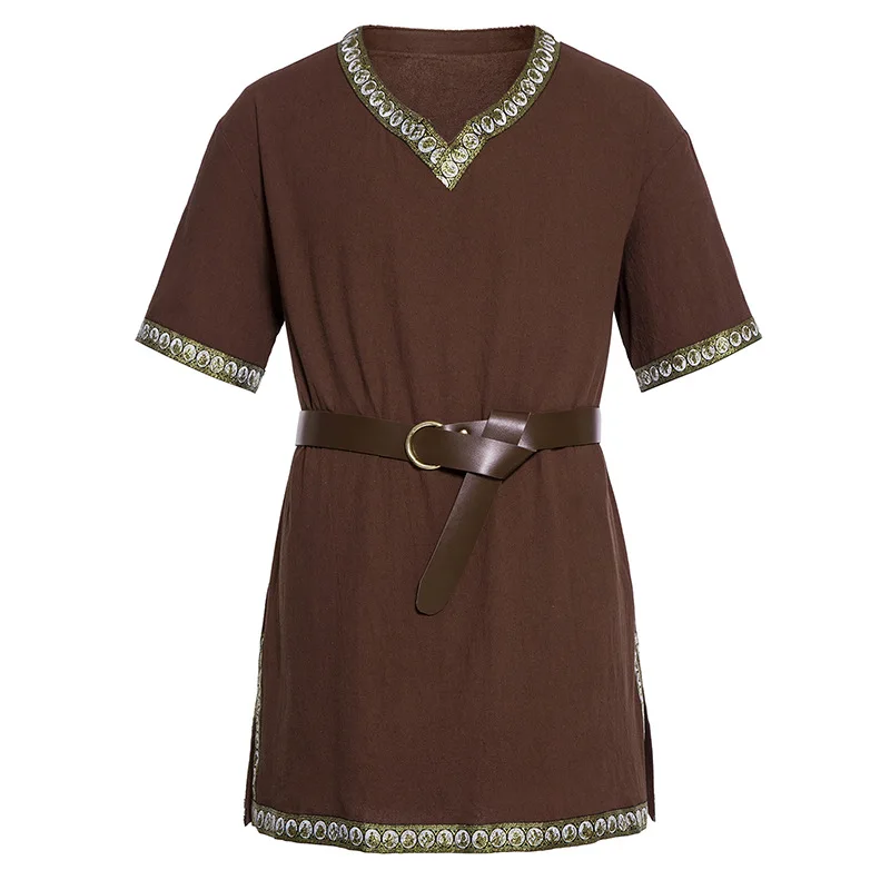 Tunique médiévale longue chemise en coton et lin hommes Costume de Pirate Viking tressé hauts amples tenue de guerrier Renaissance adulte grande taille