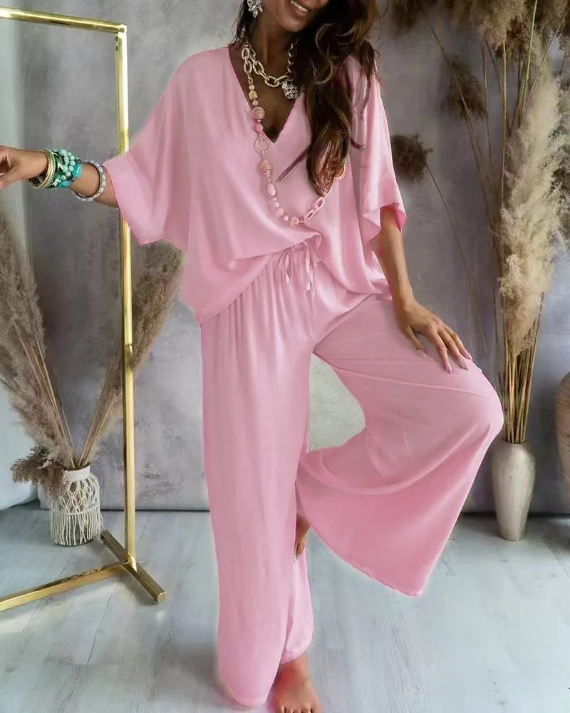 Ensemble deux pièces décontracté pour femme, pantalon à jambes larges, col en V, manches chauve-souris, tenues de documents solides, été, 2023 ensembles pantalons ensemble pantalon femme chic et élégante ensemble femme