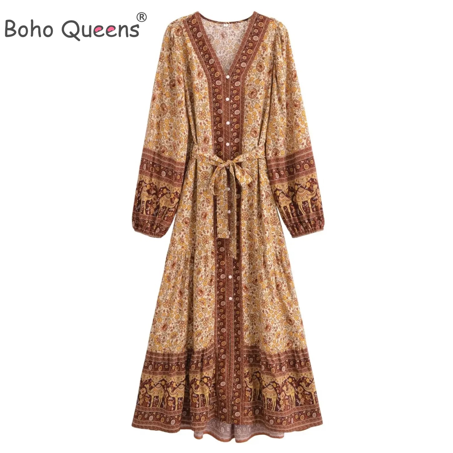 Boho Queens femmes élégant mode simple boutonnage imprimé fleuri boutonnage bohème Maxi Robe dame vacances plage Boho Robe Robe