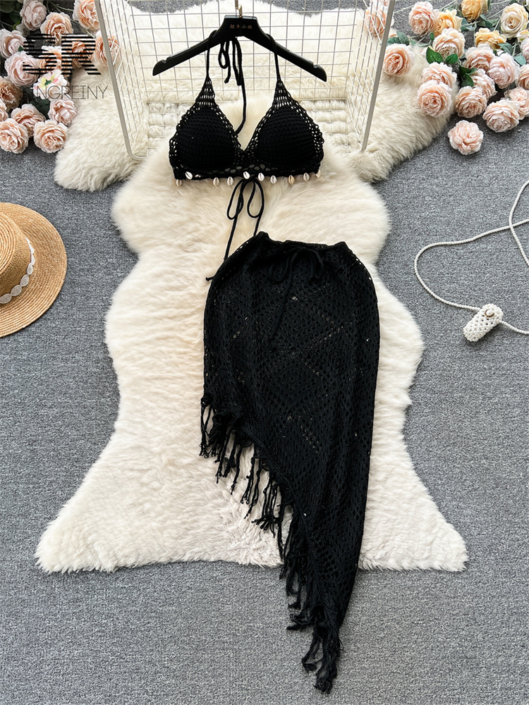 SINGREINY-Jupe longue en tricot à glands pour femme, caraco dos nu, jupe irrégulière, élégant, décontracté, sexy, ensemble deux pièces, été, plage