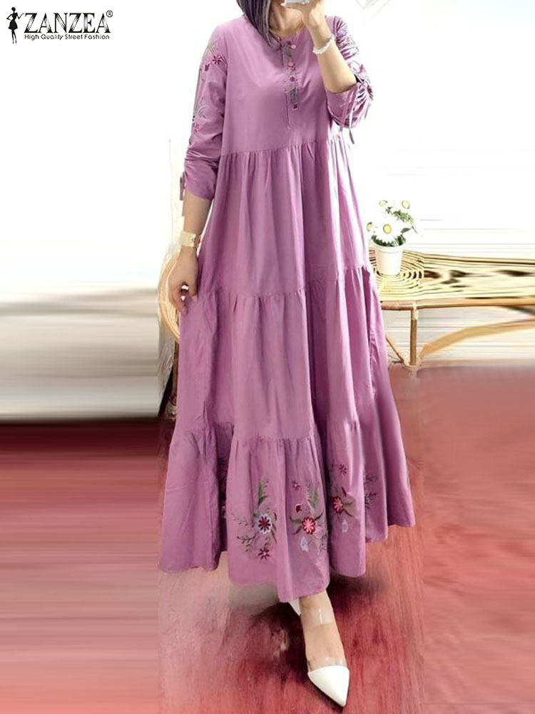 Robe Abaya musulmane à imprimé floral pour femmes modestes, manches 3/4, maxi robe, robe femme ZANZEA, robe d'été élégante, kaftan ample