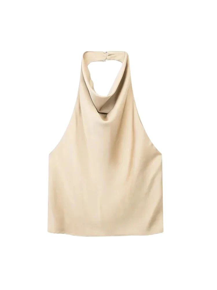 Femmes mode Satin fluide licou débardeurs Sexy dos nu avec bouton femme Camis Mujer