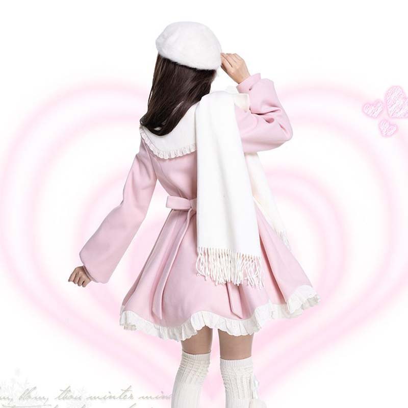 Manteau en laine mi-long avec nœud mignon japonais Kawaii, col en fausse fourrure, veste en laine pour filles et femmes, pardessus chaud d'hiver