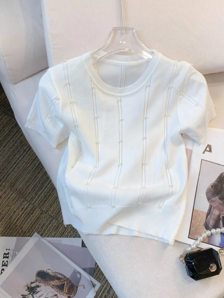 Haut en tricot ajouré à perles roses pour femmes, col rond, manches bouffantes, coupe ajustée, décontracté, élégant, style coréen, pour toutes les saisons.